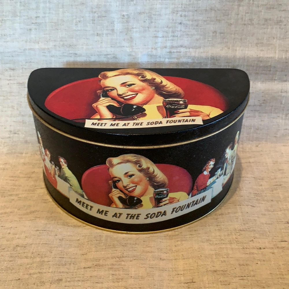 Vintage Coca-Cola ‘meet me at the soda fountain’ half moon tin